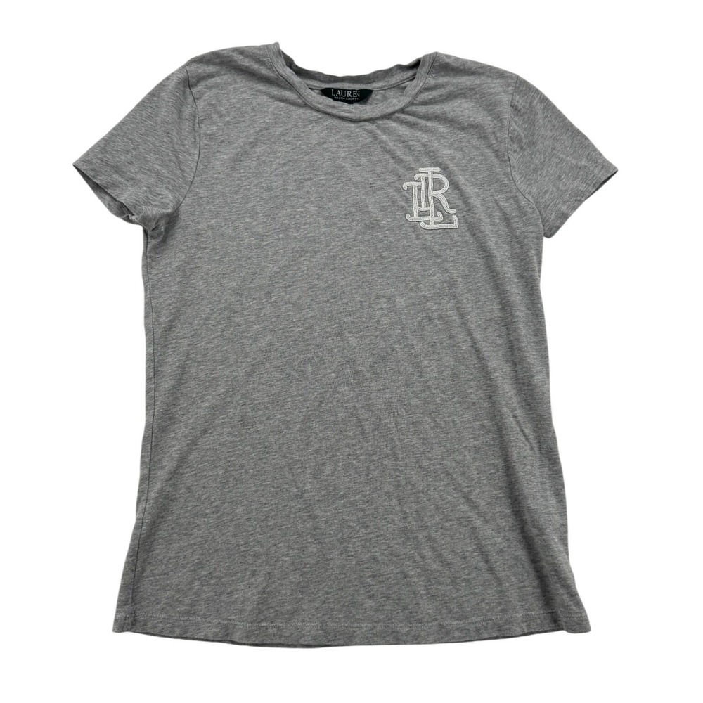 Lauren Ralph Lauren T-Shirt Women M Gray Beaded Crest Monogram Logo Excellent